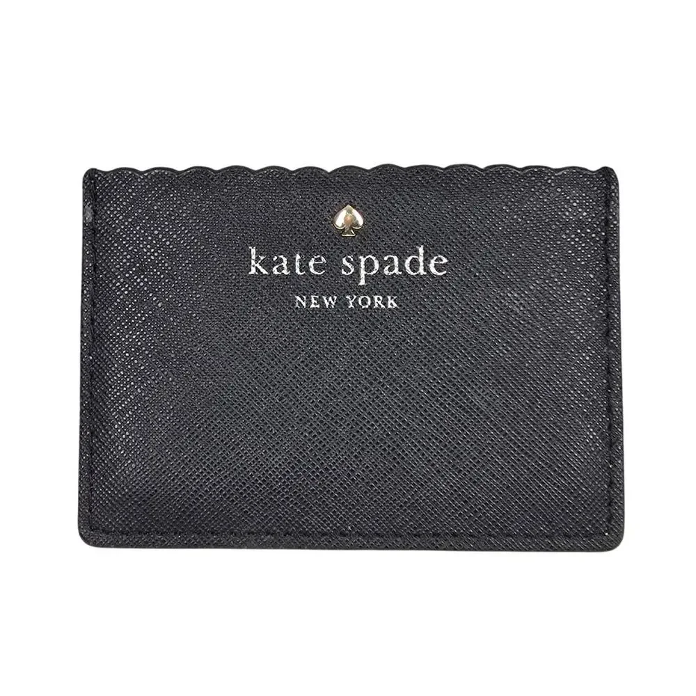 KATE SPADE NEW YORK PEBBLED LEATHER CARDHOLDER – BLACK/CREAM – SCALLOPED EDGE